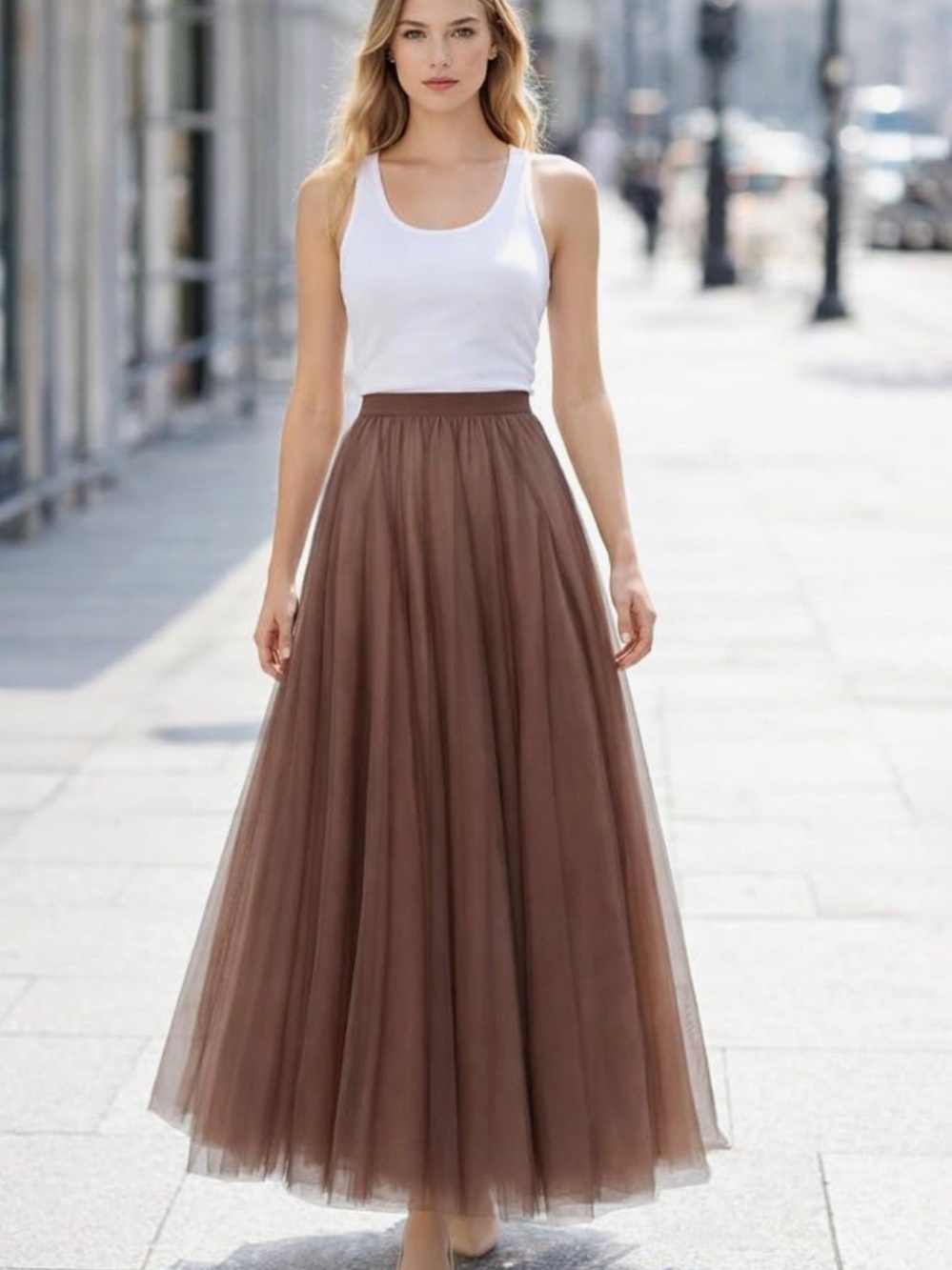 SANGTREE Women's Long Tulle Skirts Elastic High Waist A-Line Mesh - Med